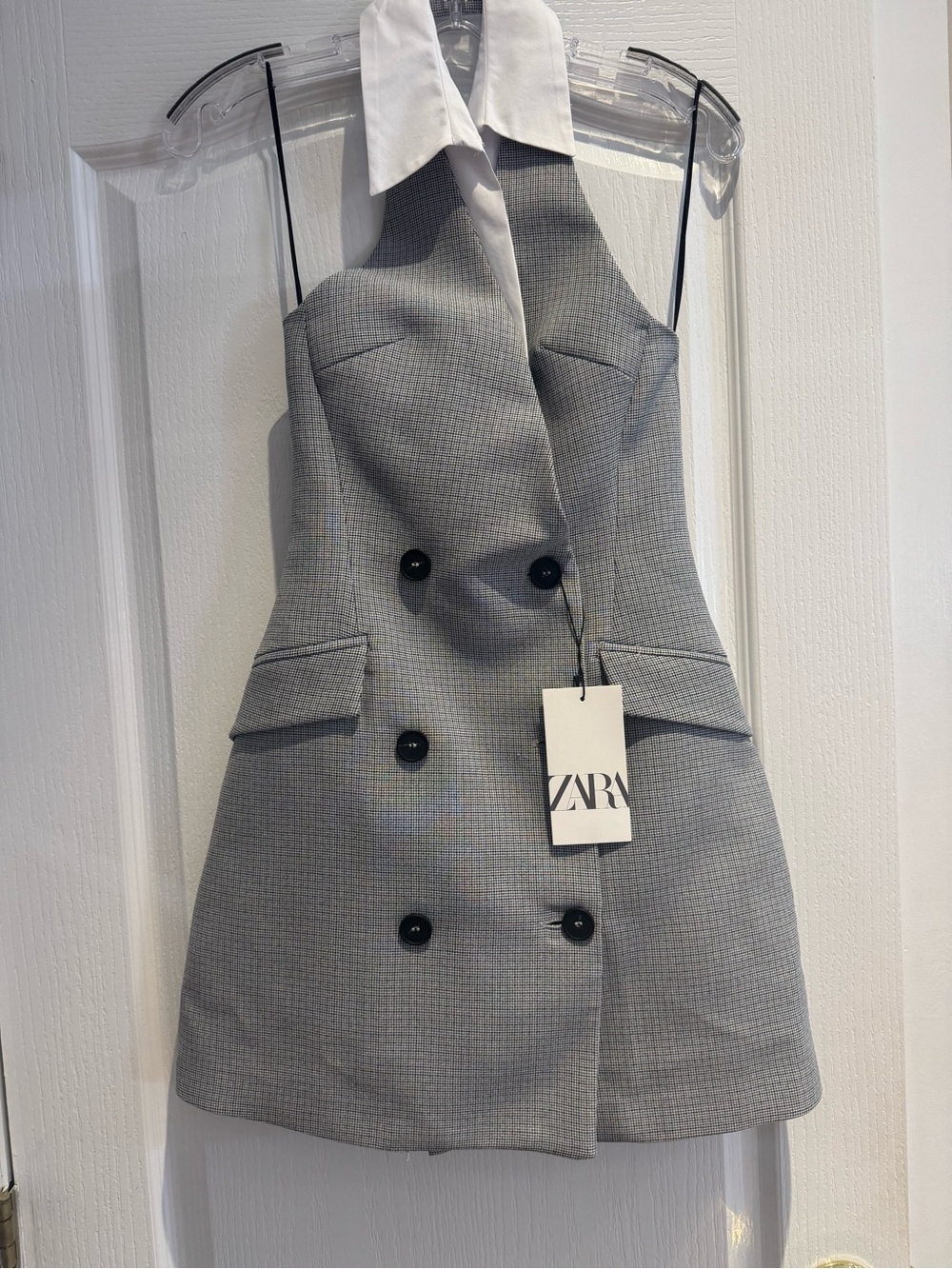 ZARA Gray Halter Double-Breasted Mini Dress with White Collar